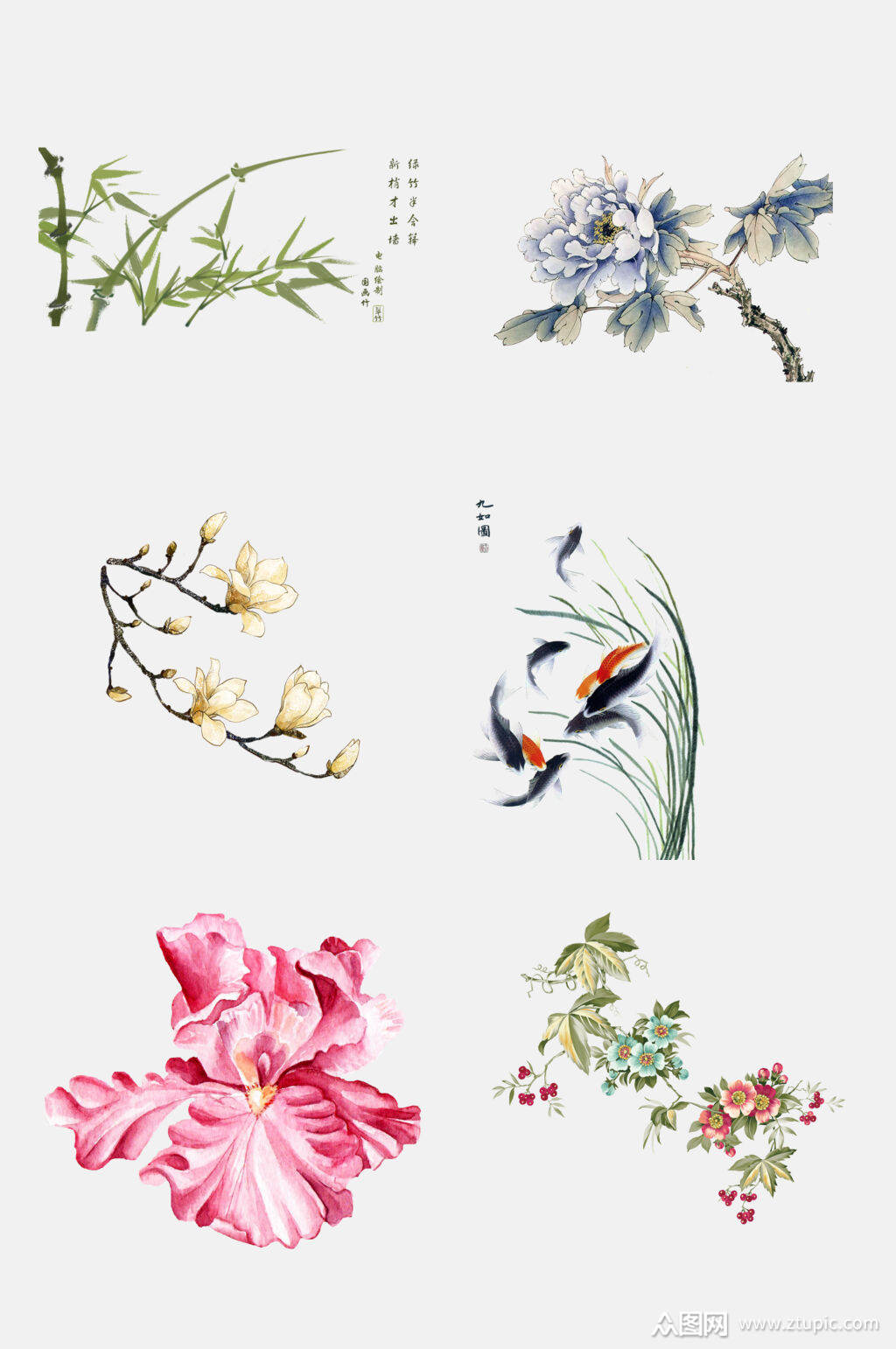 中式清新花鸟免抠元素素材