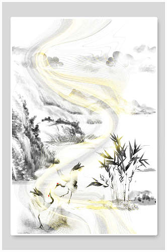 白色中国风鎏金烫金山水壁画素材