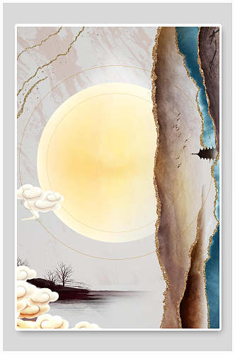 水彩画月亮中国风中秋节鎏金背景素材16