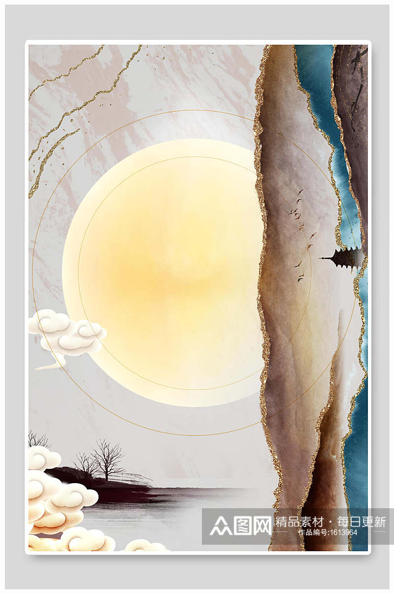 水彩画月亮中国风中秋节鎏金背景素材16素材