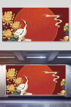 红色中式国潮风仙鹤背景素材