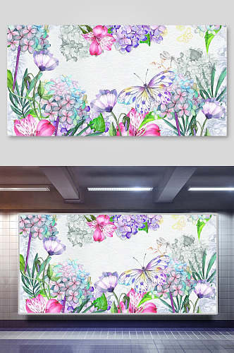 横版手绘水彩花草边框背景素材
