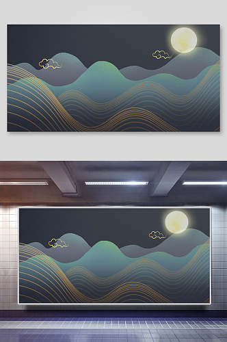 中国风鎏金烫金山水壁画夜色背景素材
