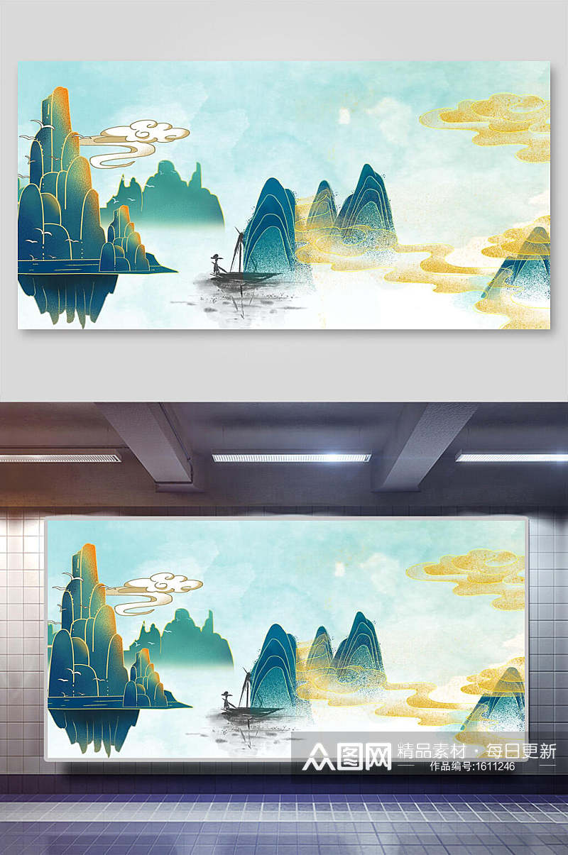 中国风鎏金烫金山水壁画素材素材