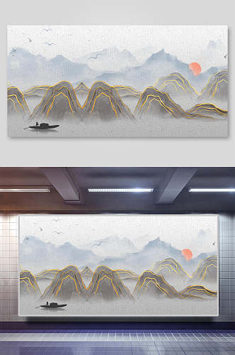中国风烟雾金线山水背景海报