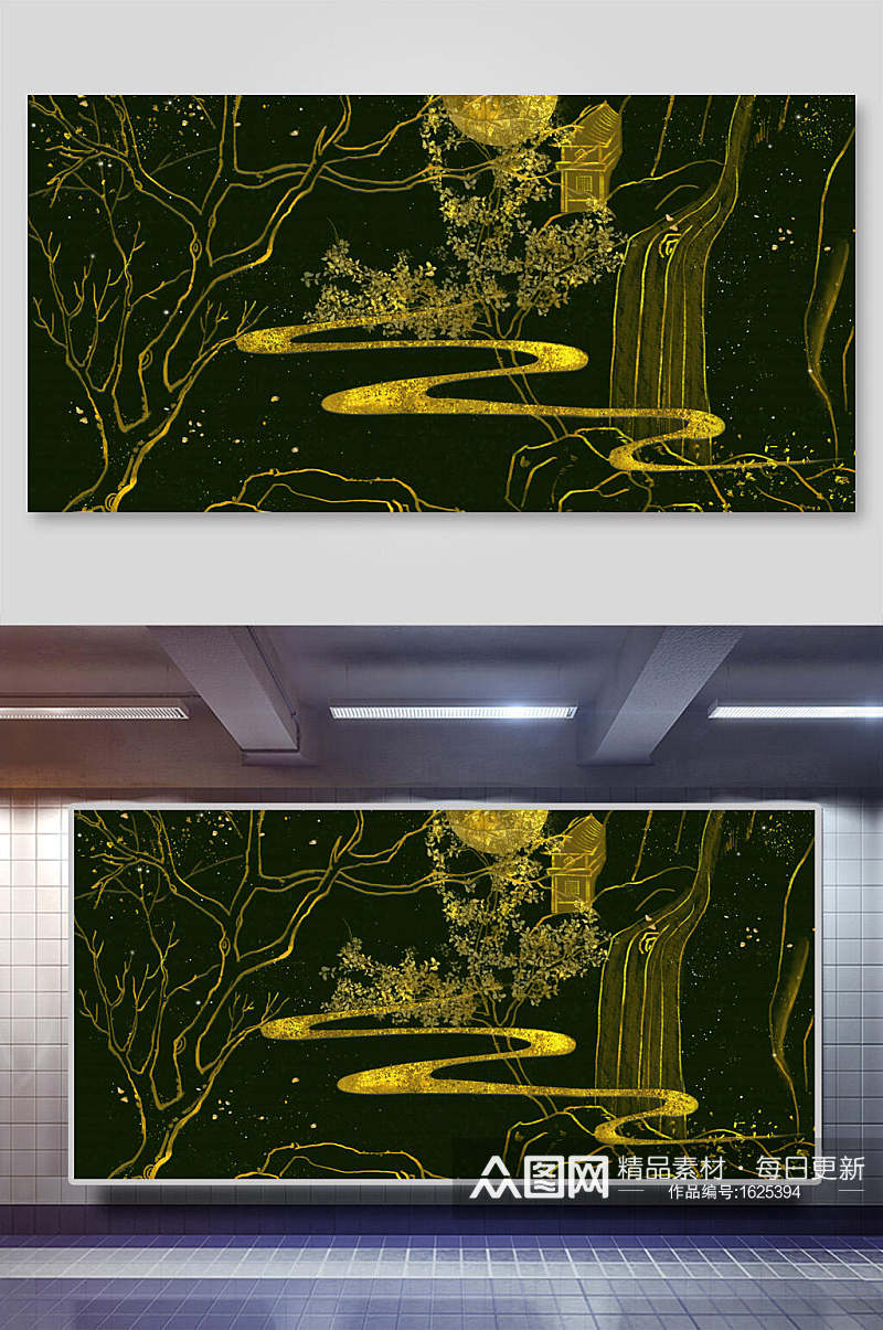金色中国风树木图案背景素材素材