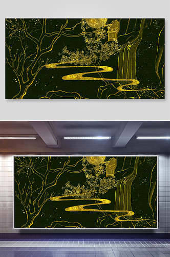 金色中国风树木图案背景素材