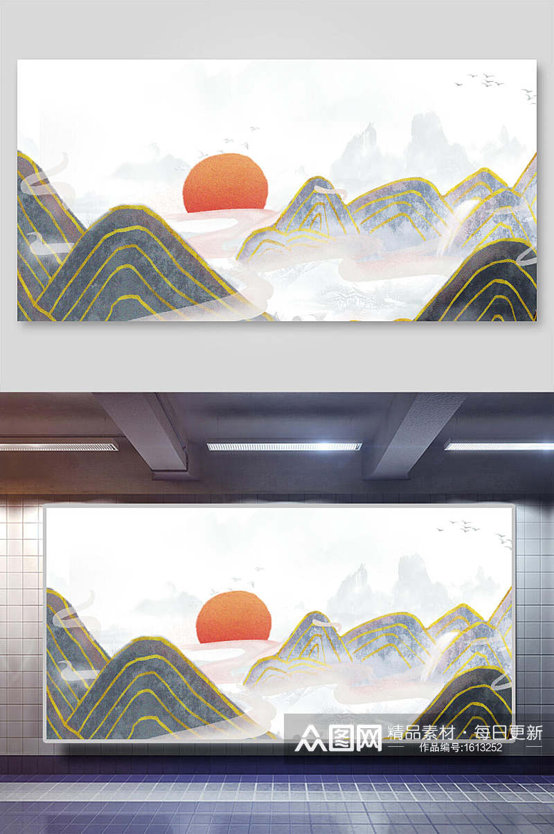 中国风鎏金烫金山水壁画素材素材
