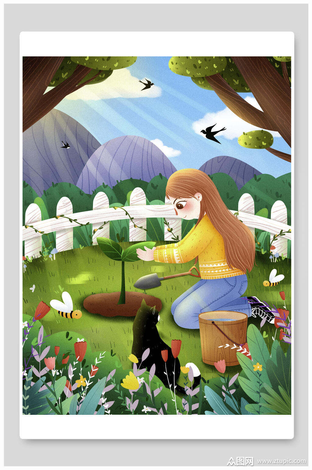 女孩花园种树植树节海报