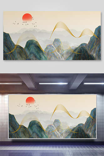 传统中国风鎏金烫金山水壁画素材
