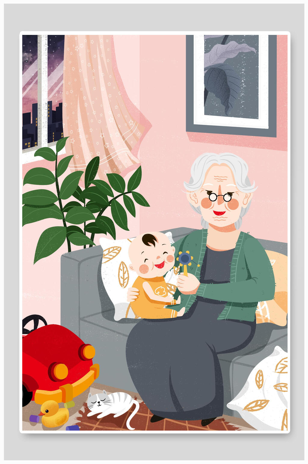 逗小孩老人重阳节插画素材素材