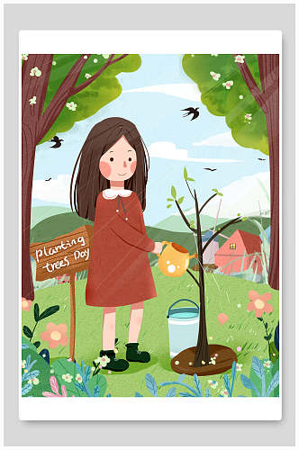 卡通女孩植树节海报