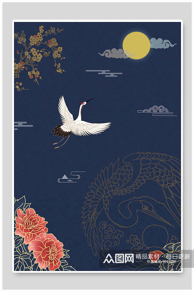 藏青色仙鹤中式国潮风背景素材素材