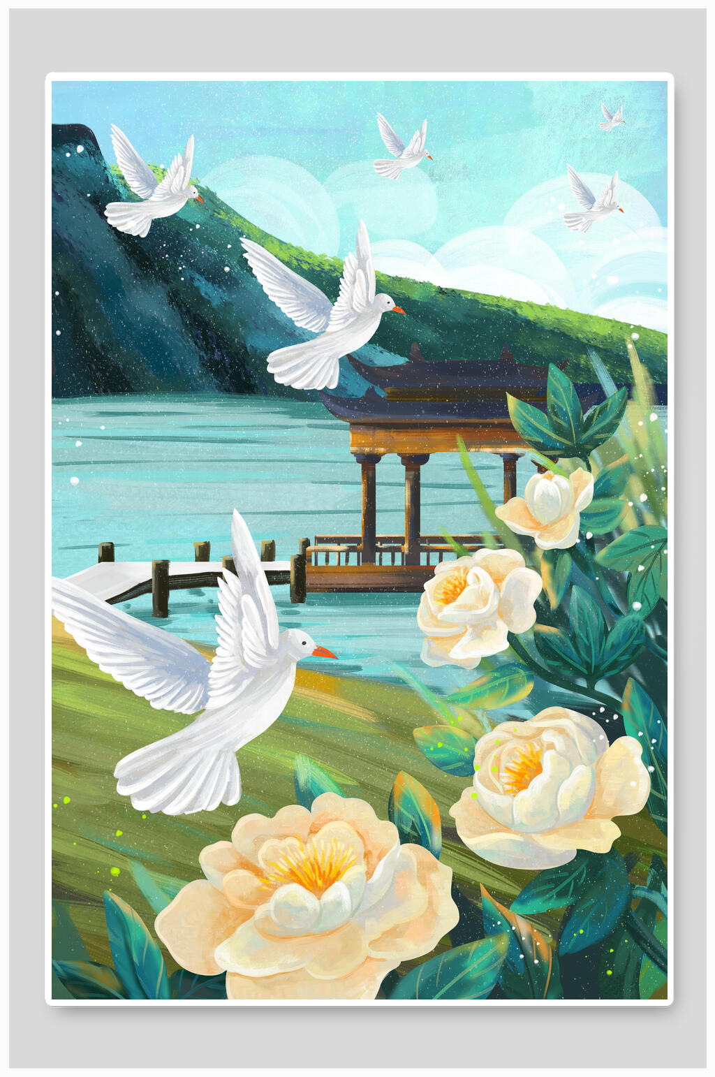 仙鹤牡丹花鸟插画素材素材