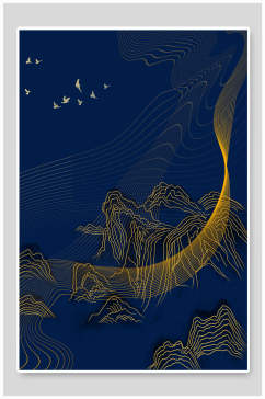 蓝色中国风鎏金烫金山水壁画素材