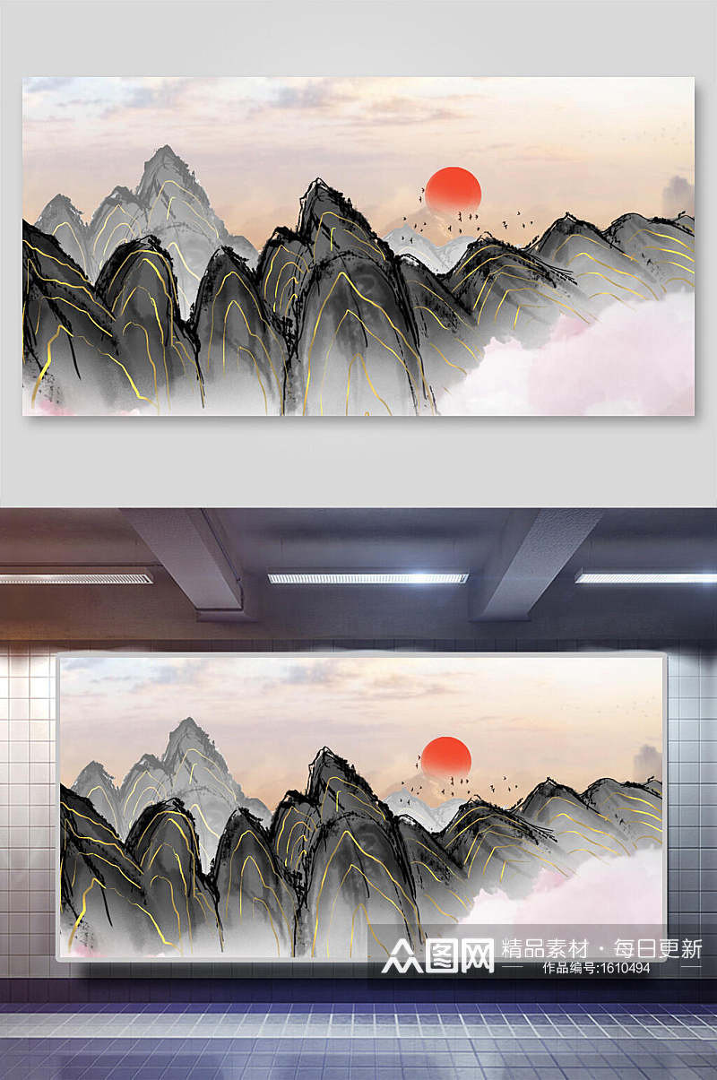 中国风鎏金烫金山水壁画背景素材素材