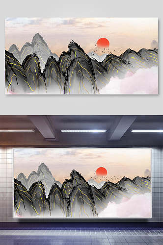 中国风鎏金烫金山水壁画背景素材