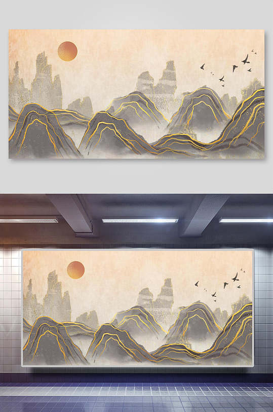 中国风鎏金烫金山水日落壁画背景素材