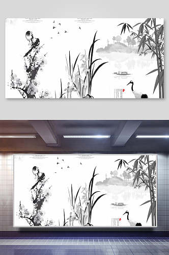 中国竹子意境水墨画古风背景素材