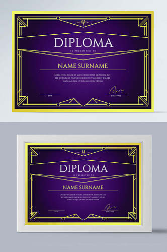 紫色学位毕业文凭横版矢量证书