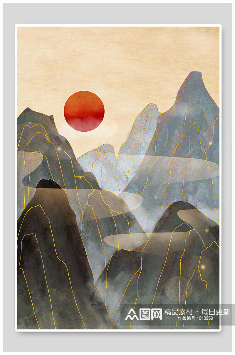 红日中国风鎏金烫金山水壁画素材素材