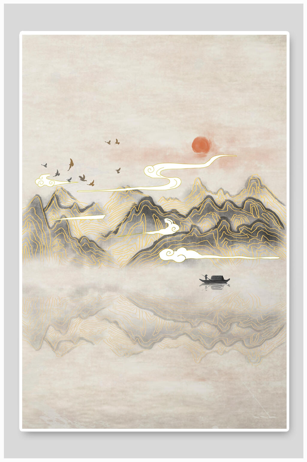 日出山川江景中国风背景海报素材