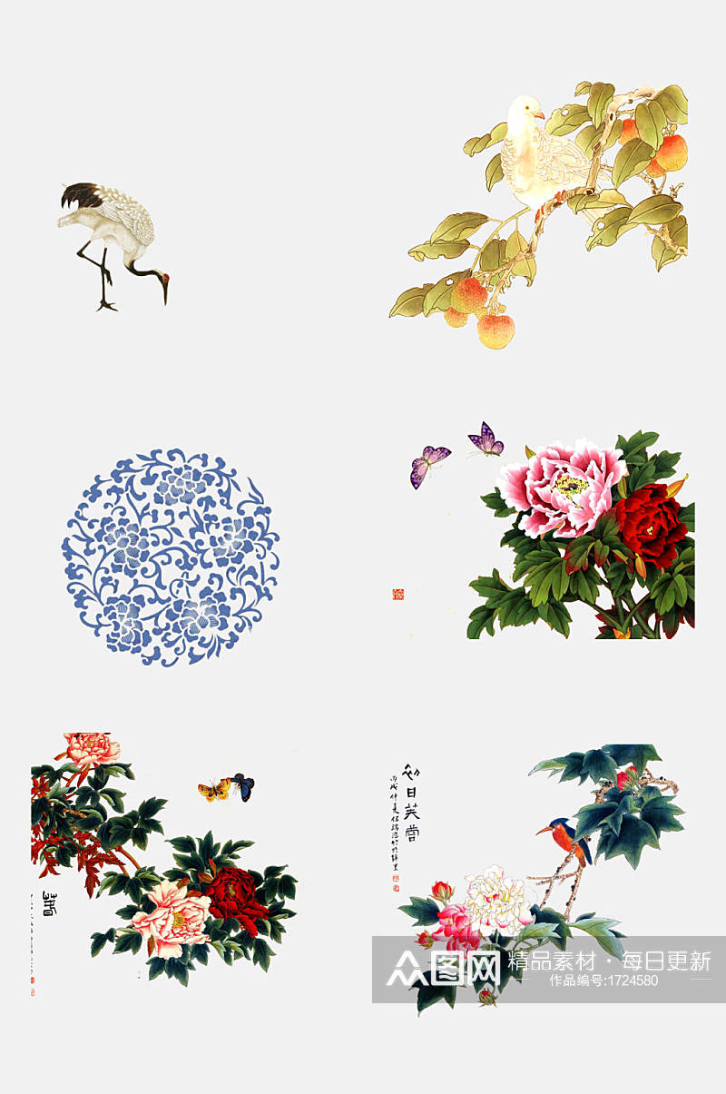 中式牡丹花鸟免抠元素素材素材