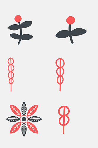 红黑花卡通北欧民族风植物花鸟元素素材