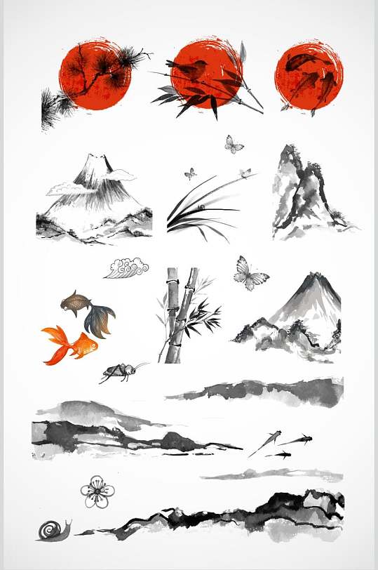 中国风山水墨画图案元素矢量元素素材