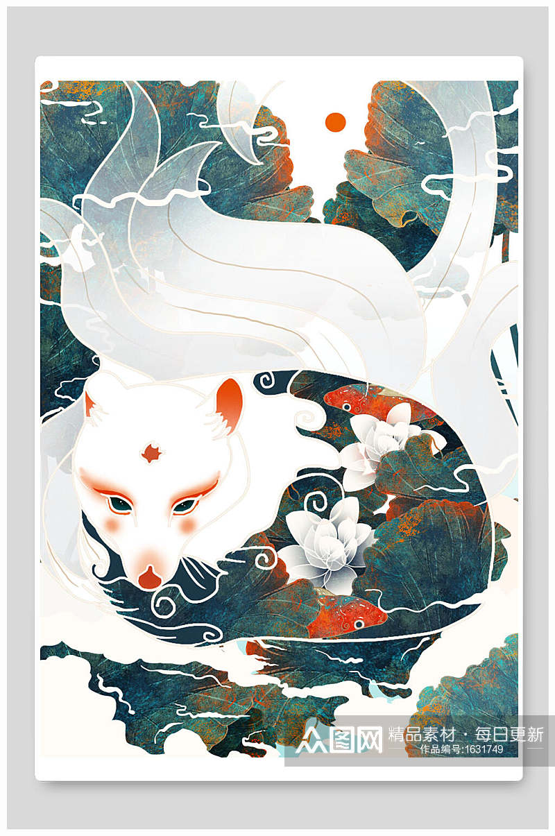 白狐国潮风海报设计插画素材素材