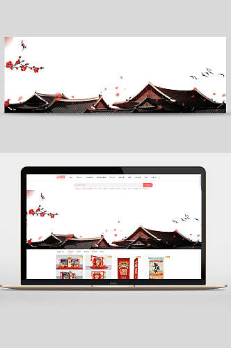 中国风建筑花朵banner背景素材