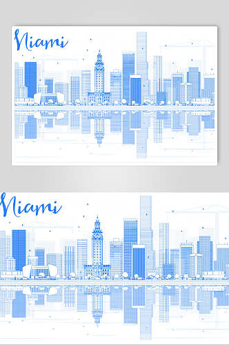 蓝色城市插画设计素材