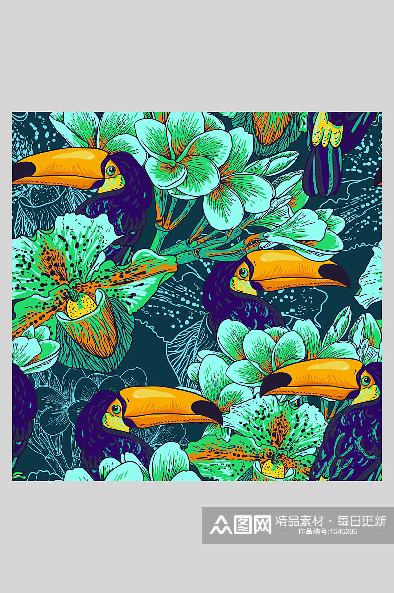 青色植物花鸟插画背景素材素材