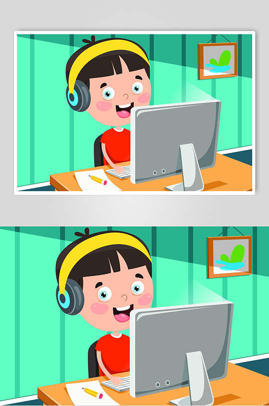 儿童玩电脑插画设计