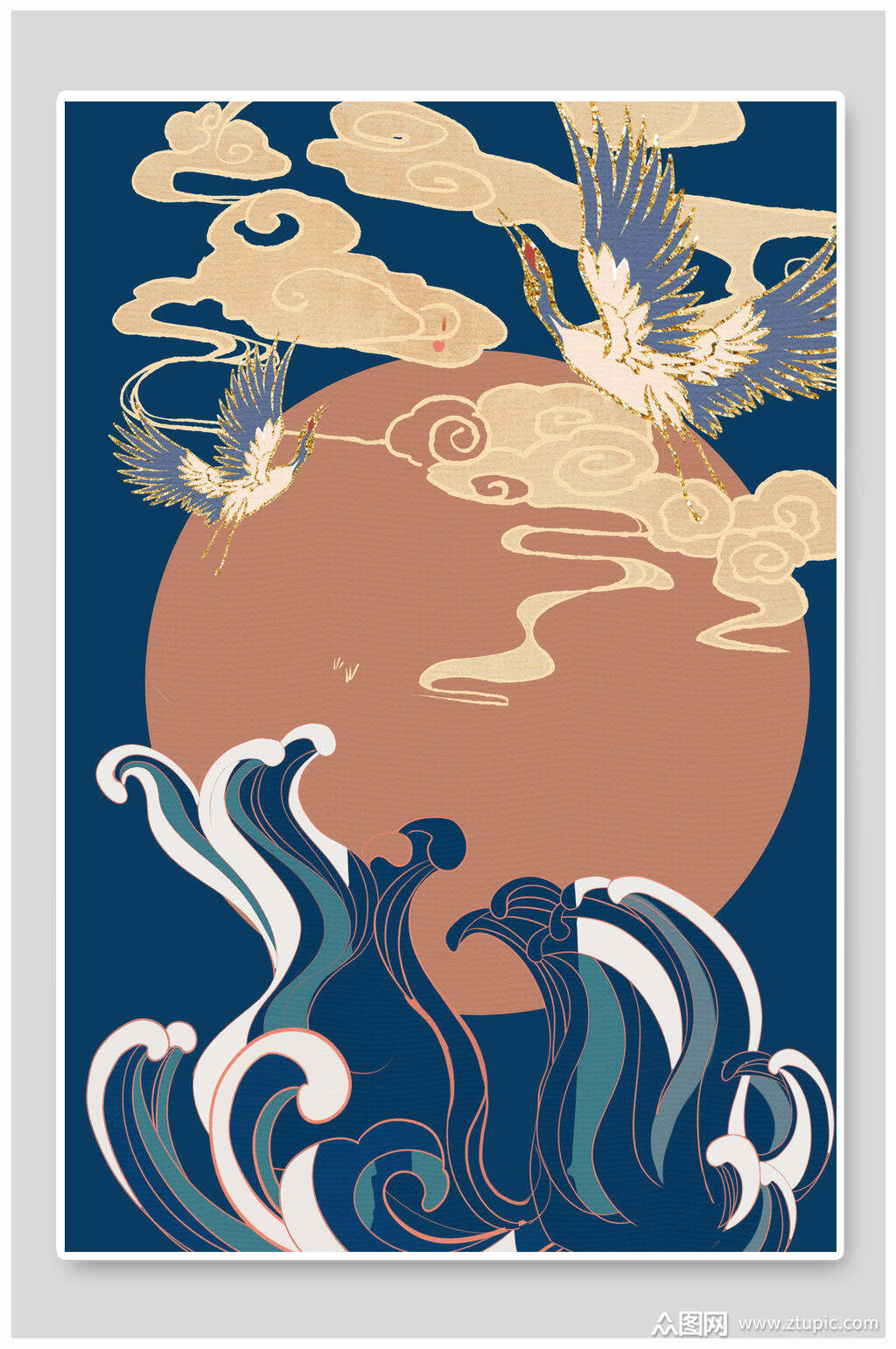 古典仙鹤祥云国潮风免抠背景素材