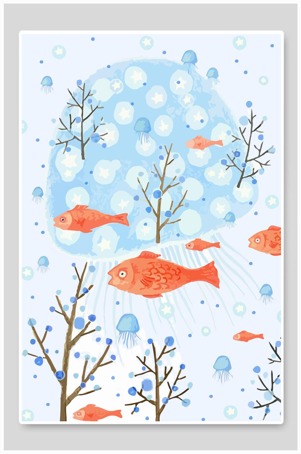 浅蓝色海洋小鱼水母插画设计素材