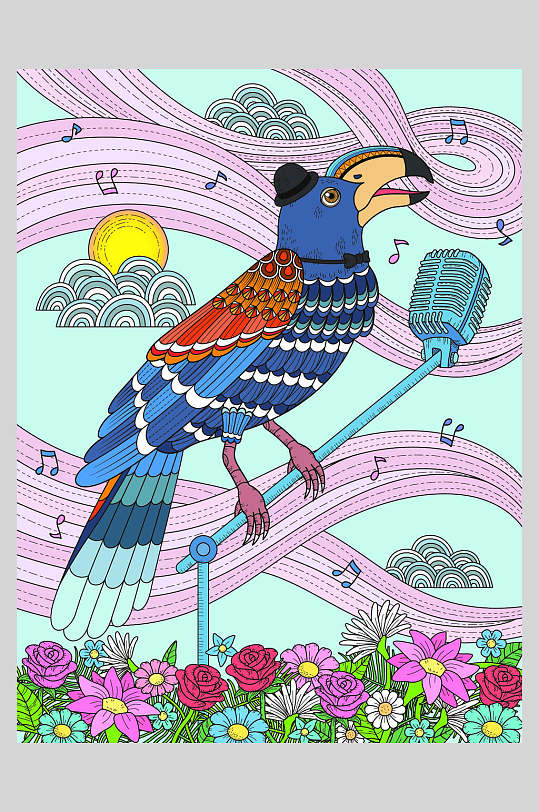 鹦鹉唱歌复古插画海报素材