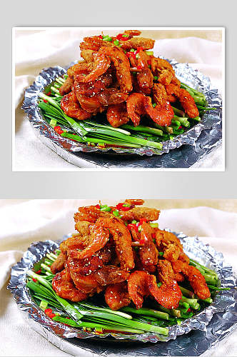新鲜铁板韭香虾美食高清摄影图片