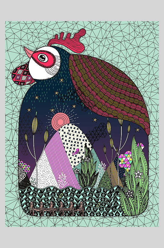 创意线描动植物插画素材