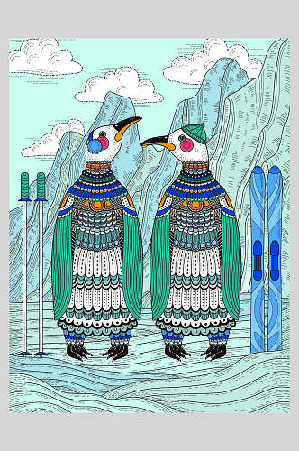 企鹅穿衣民族风线描动植物插画