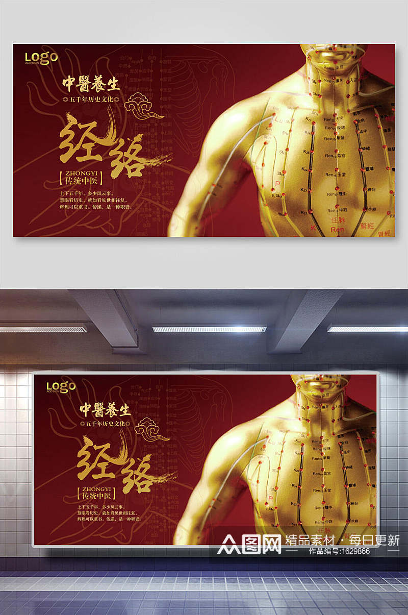 中医养生经脉淤堵针灸海报展板素材