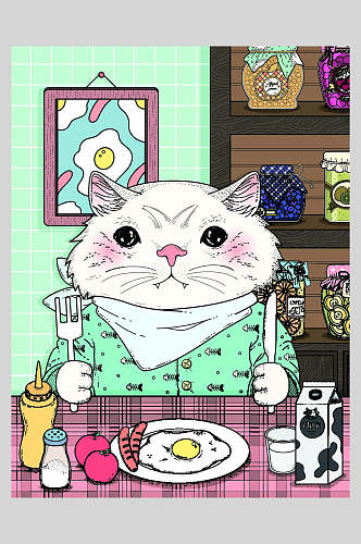 小猫吃早餐线描动植物插画