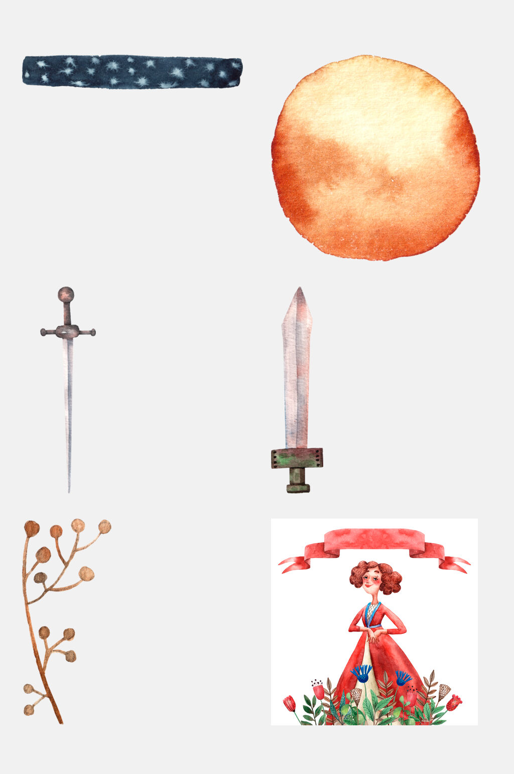 手绘画公主水彩花卉动物元素素材素材