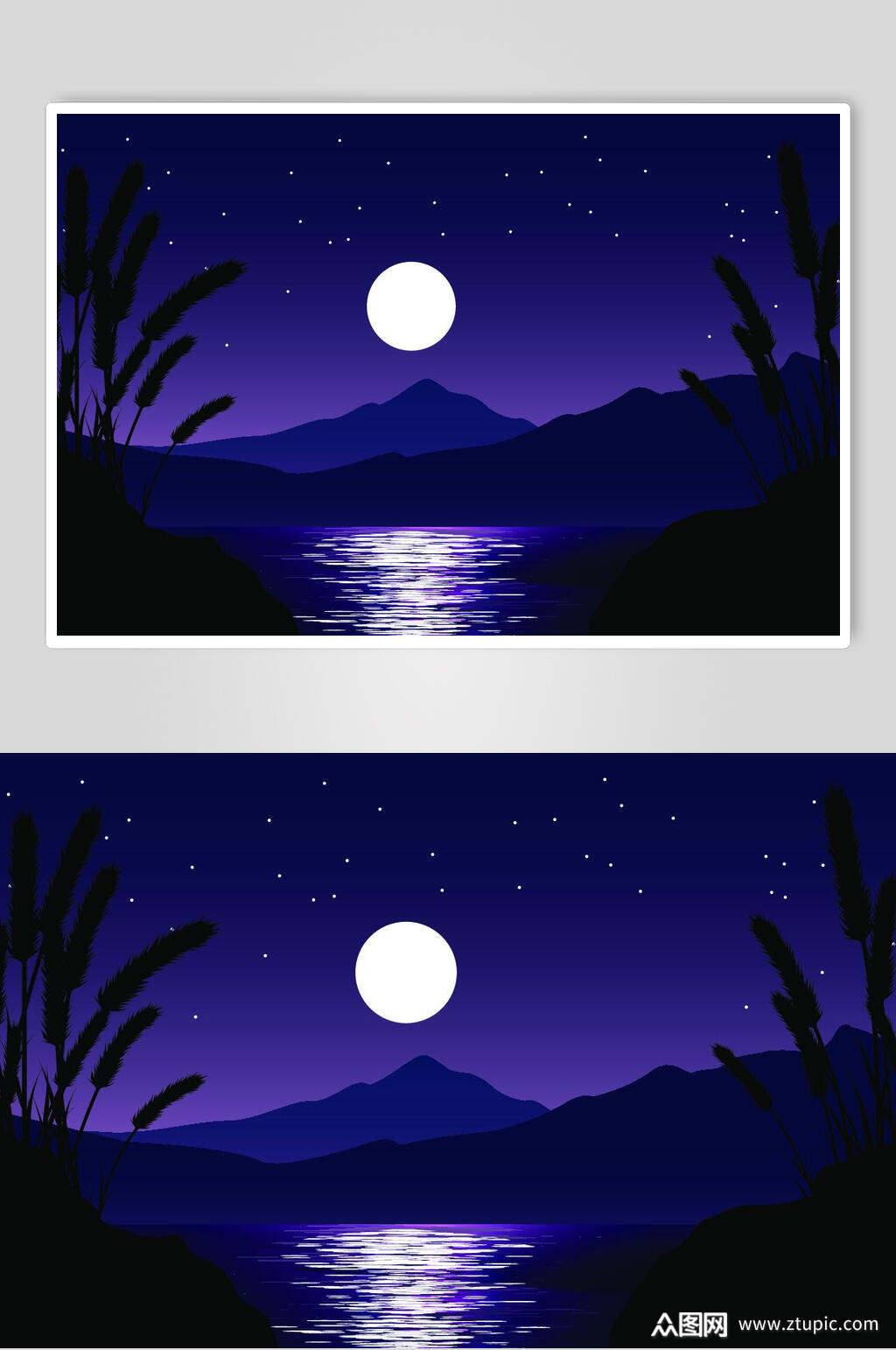 紫色星空月下江景插画设计素材