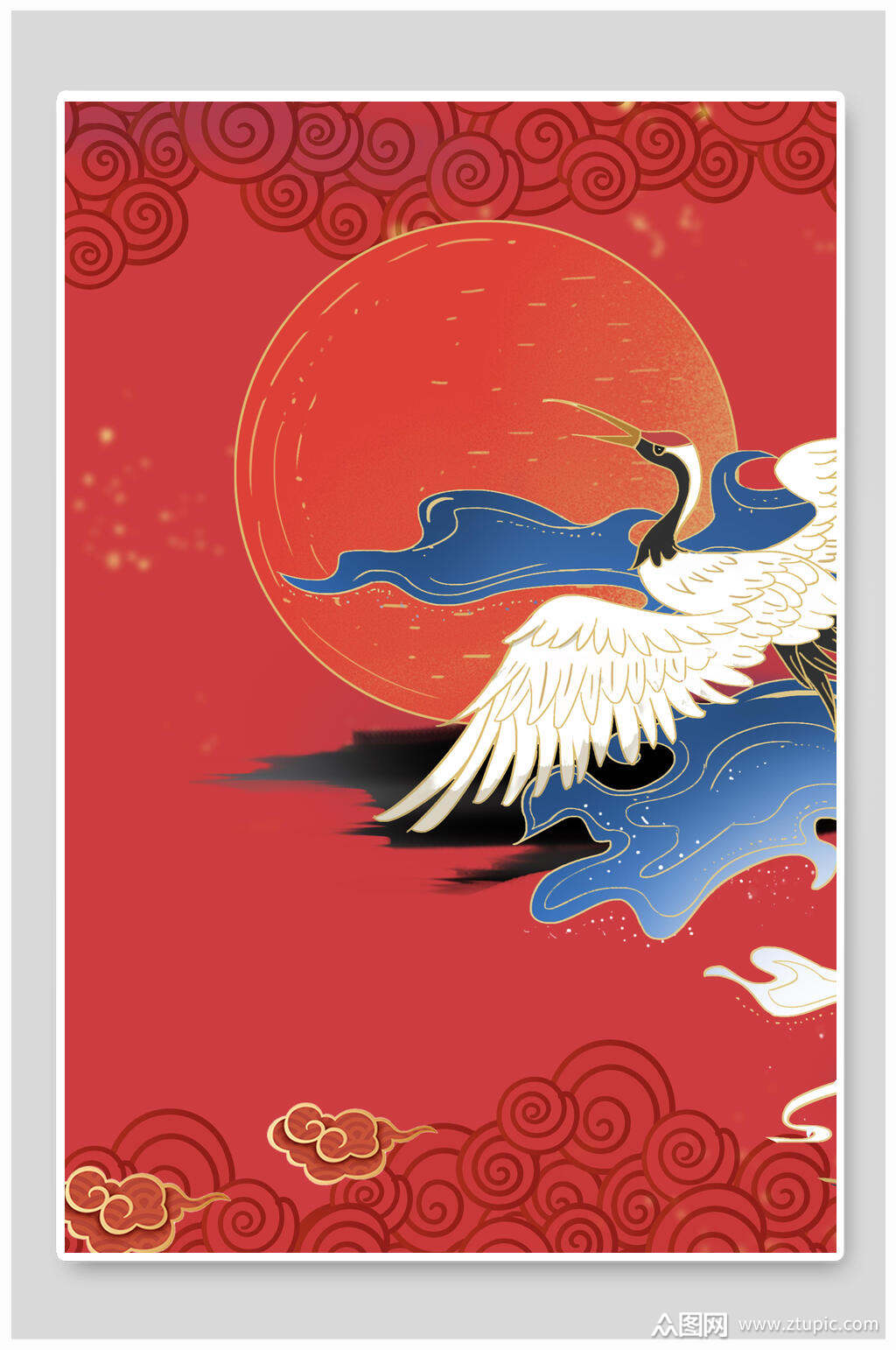 仙鹤红色国潮风免抠背景素材