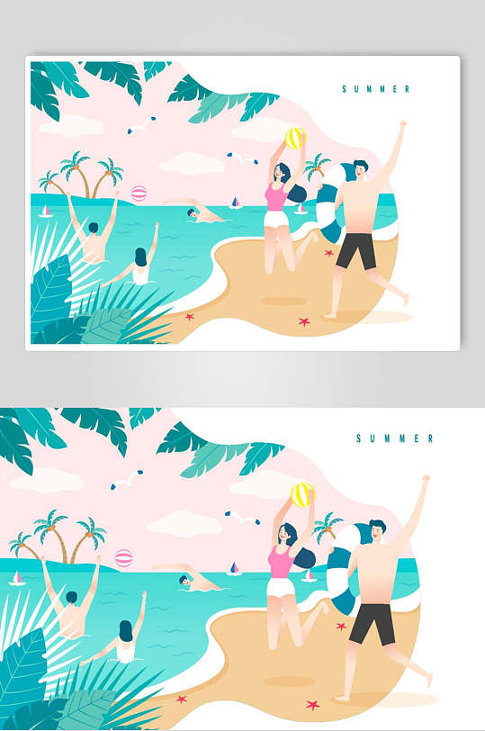 扁平风夏季海滩旅游插画素材