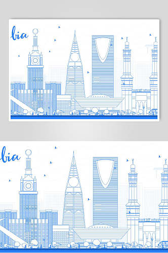 浅蓝色城市插画设计素材