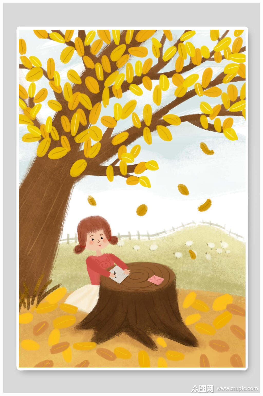 秋天风景落叶女孩写作业手绘插画