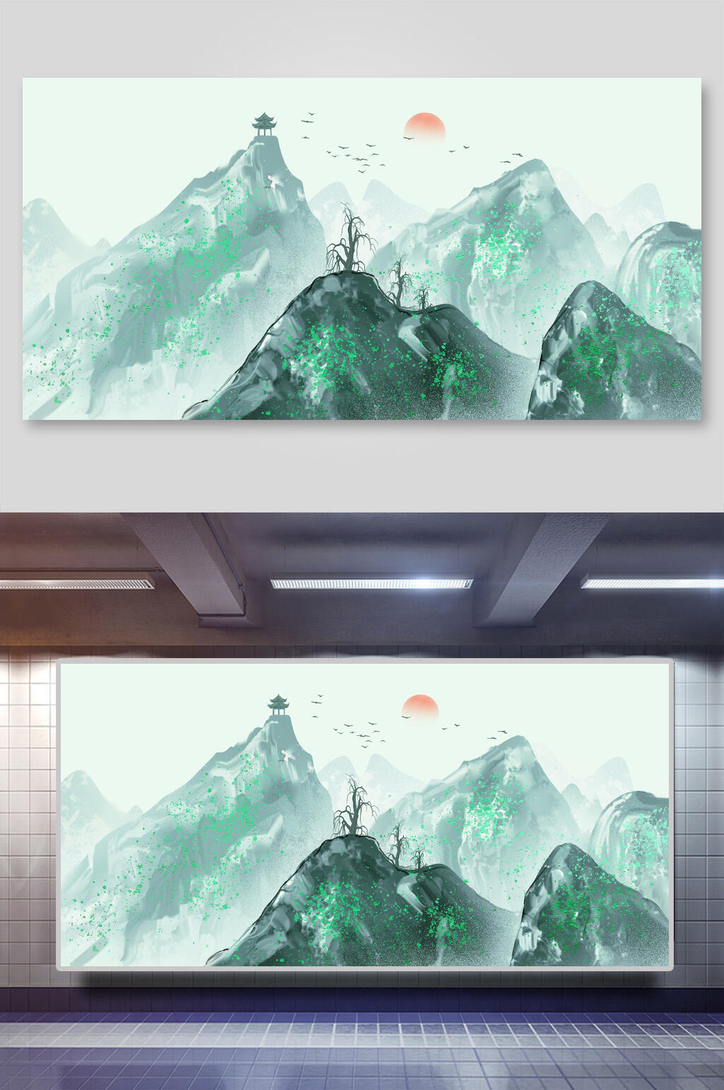 青色中国风山水背景素材素材