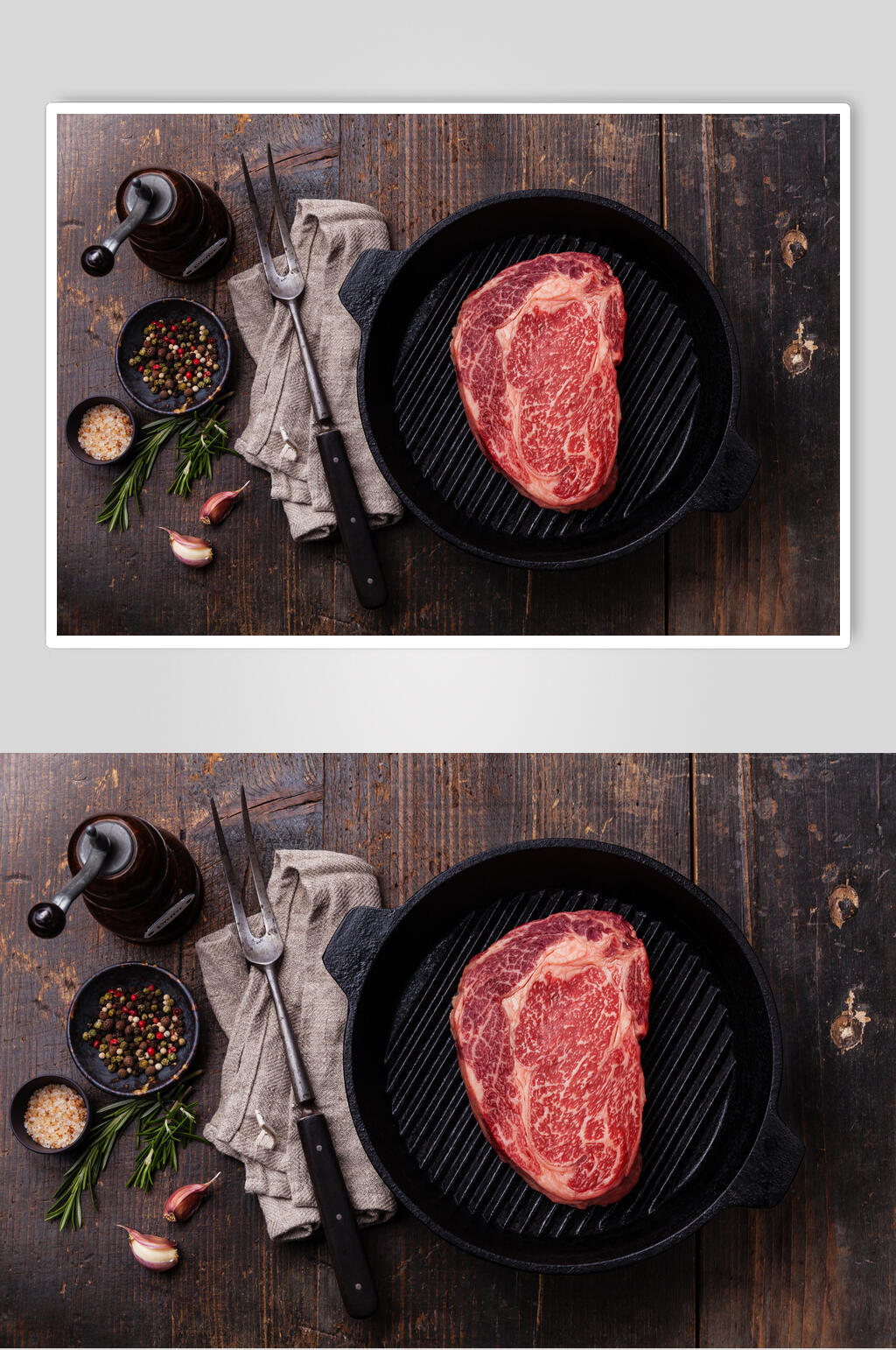 煎锅上的生牛肉牛排实拍图片素材